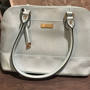 TIGNANELLO BABY BLUE POWDER BLUE PURSE NWOT GOLD ACCENTS MANY SECTIONS